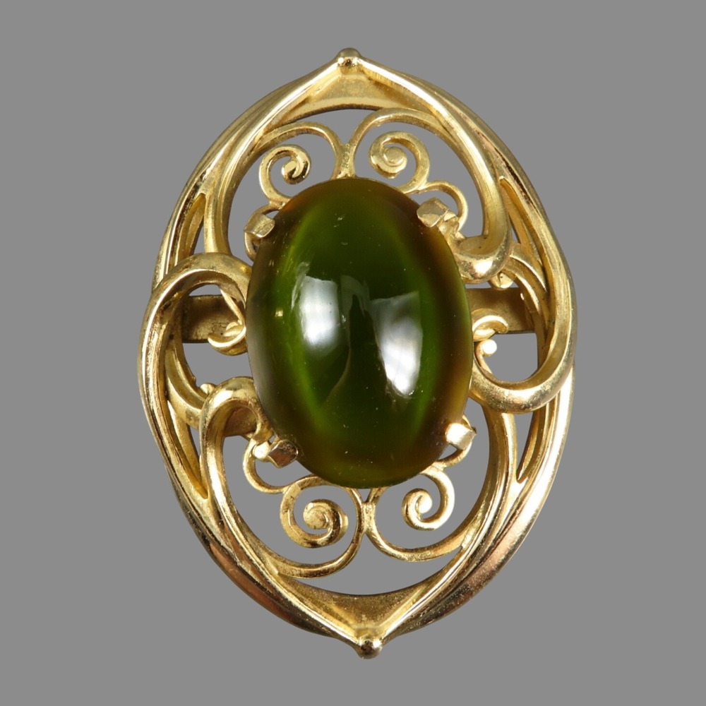 VTG WHITING & DAVIS Gold Tone Brooch Pin GREEN FAUX CAT'S EYE GLASS βΌοΈDamagedβΌοΈ